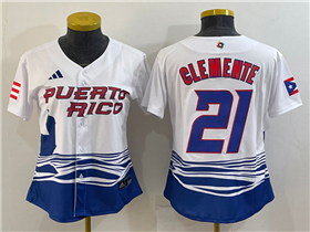 Puerto Rico Baseball #21 Roberto Clemente Women's White 2023 World Baseball Classic Jersey