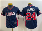 USA Baseball #24 Bryce Harper Youth Navy 2026 World Baseball Classic Jersey