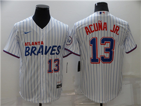 Atlanta Braves #13 Ronald Acuna Jr. White Pinstripe Cool Base Jersey