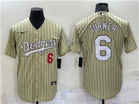 Los Angeles Dodgers #6 Trea Turner Gold Pinstripe Cool Base Jersey
