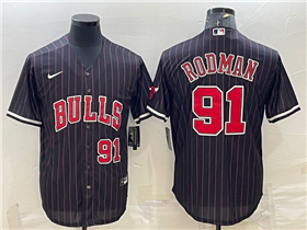 Chicago Bulls #91 Dennis Rodman Black Pinstripe Baseball Cool Base Jersey