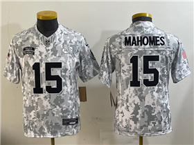 Kansas City Chiefs #15 Patrick Mahomes Youth Arctic Camo 2024 Salute To Service Limited Jersey