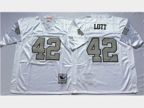 Oakland Raiders #42 Ronnie Lott Throwback White/Silver Jersey