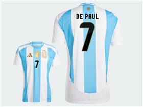 Argentina 2024 Home Blue/White Soccer Jersey with #7 De Paul Printing