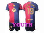 FC Barcelona 2024/25 Home Youth Red/Blue Soccer Jersey with #19 Lamine Yamal Printing