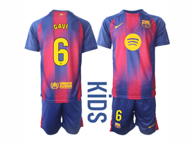 FC Barcelona 2025/26 Home Youth Red/Blue Soccer Jersey with #6 Gavi Printing