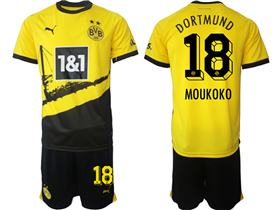 Borussia Dortmund 2023/24 Home Yellow Soccer Jersey with #18 Moukoko Printing