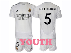 Real Madrid CF 2024/25 Home Youth White Soccer Jersey with #5 Bellingham Printing