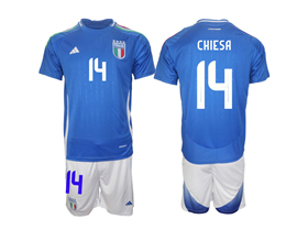 Italy 2024 Home Blue Soccer Jersey with #14 Chiesa Printing