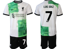 Liverpool F.C. 2023/24 Away White/Green Soccer Jersey with #7 Luis Díaz Printing